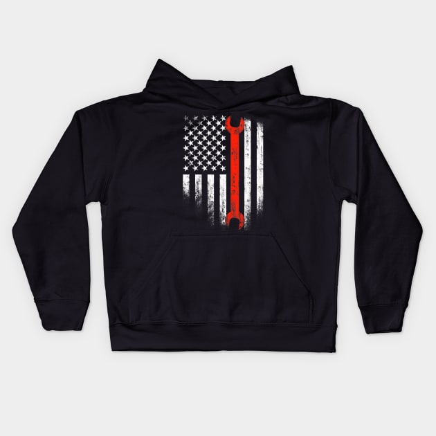 American Flag Mechanic Wrench Patriotic Auto Techs Motor Kids Hoodie by Fowlerbg